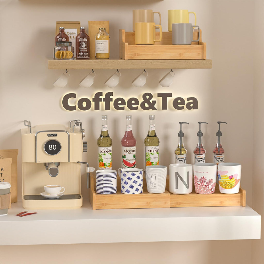 Hongtamoya 2-Tier Expandable Coffee Mug Holder, Countertop Station Bamboo Mug Cup Rack Coffee Bar Organizer, Tea Cups Stand for Cabinet, Multi-functional Mug Holder Shelf for Kitchen, Home