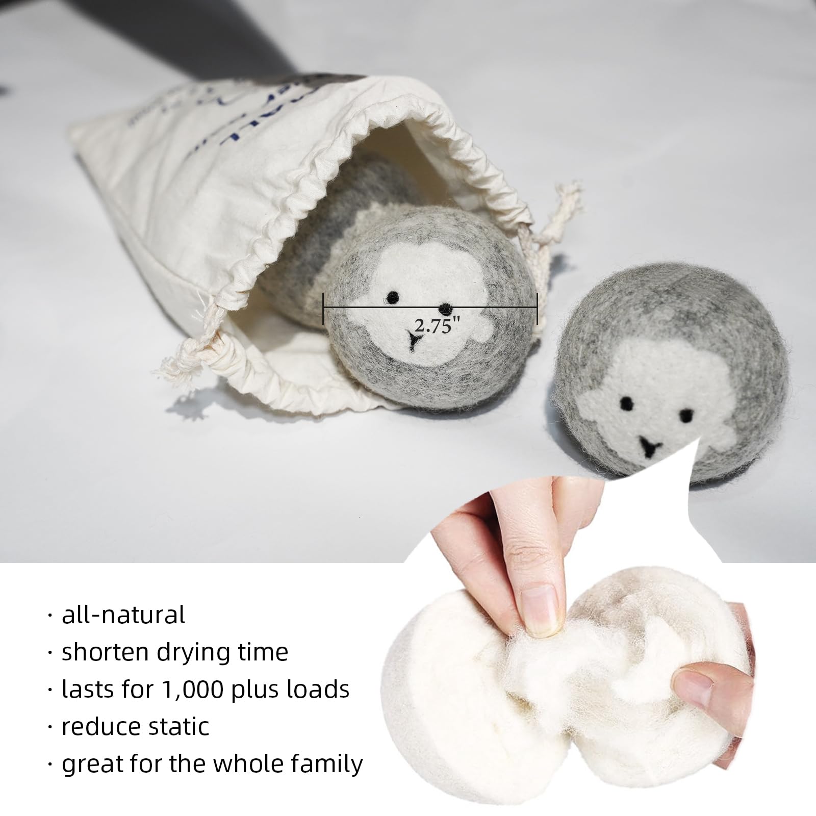 Wool Dryer Balls Handmade Gray XL Pack of 6,Organic Dryer Balls Laundry Reusable Anti Static,100% Natural New Zealand Wool Fabric Softener Balls Laundry Balls for Dryer for 1000+ Loads,Reduces Drying Time,Baby Safe & Odorless .