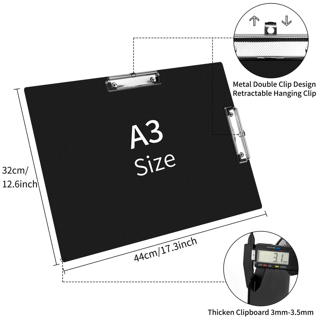 Pechor A3 Clipboard Extra Large 13" x 17" Double-Clip Boards Durable Not Fragile Horizontal Plastic Landscape Lap Boards with Low Profile Clip for Drawing, Sketching, Art Supplies