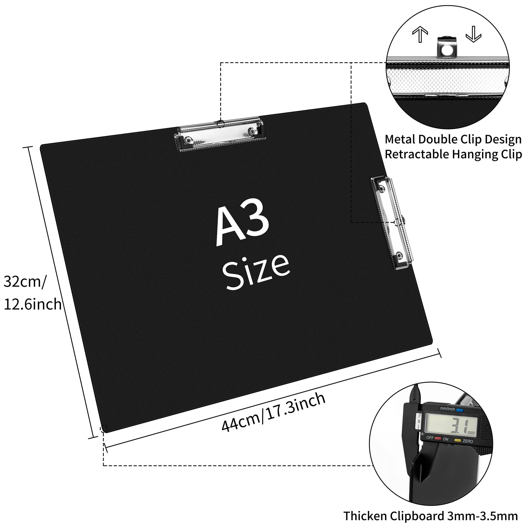 Pechor A3 Clipboard Extra Large 13" x 17" Double-Clip Boards Durable Not Fragile Horizontal Plastic Landscape Lap Boards with Low Profile Clip for Drawing, Sketching, Art Supplies