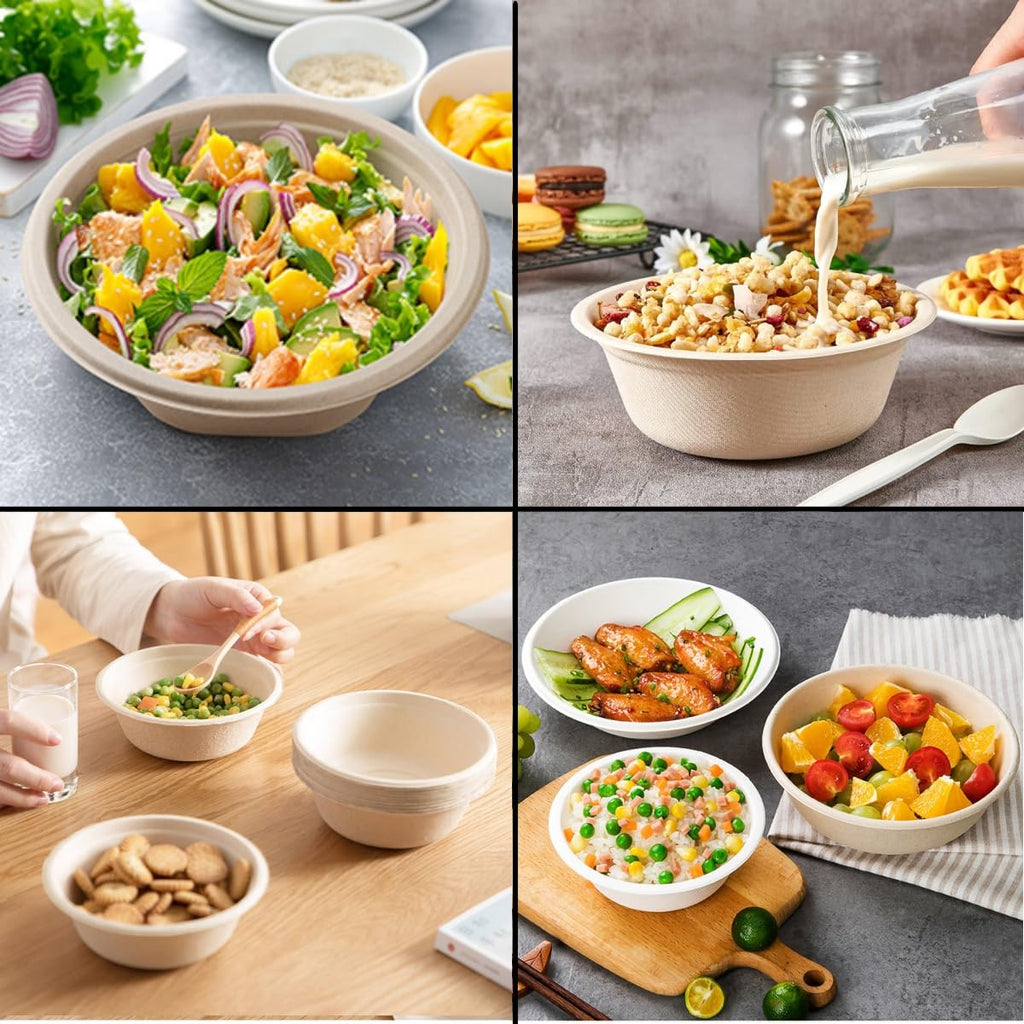 Salad Paper Bowl, Round Eco-Friendly Sugarcane Bowl, Compostable and Biodegradable Soup Bowl, Suitable for Salad, Dessert, Milk, Grains 12 Ounces, 150PCS
