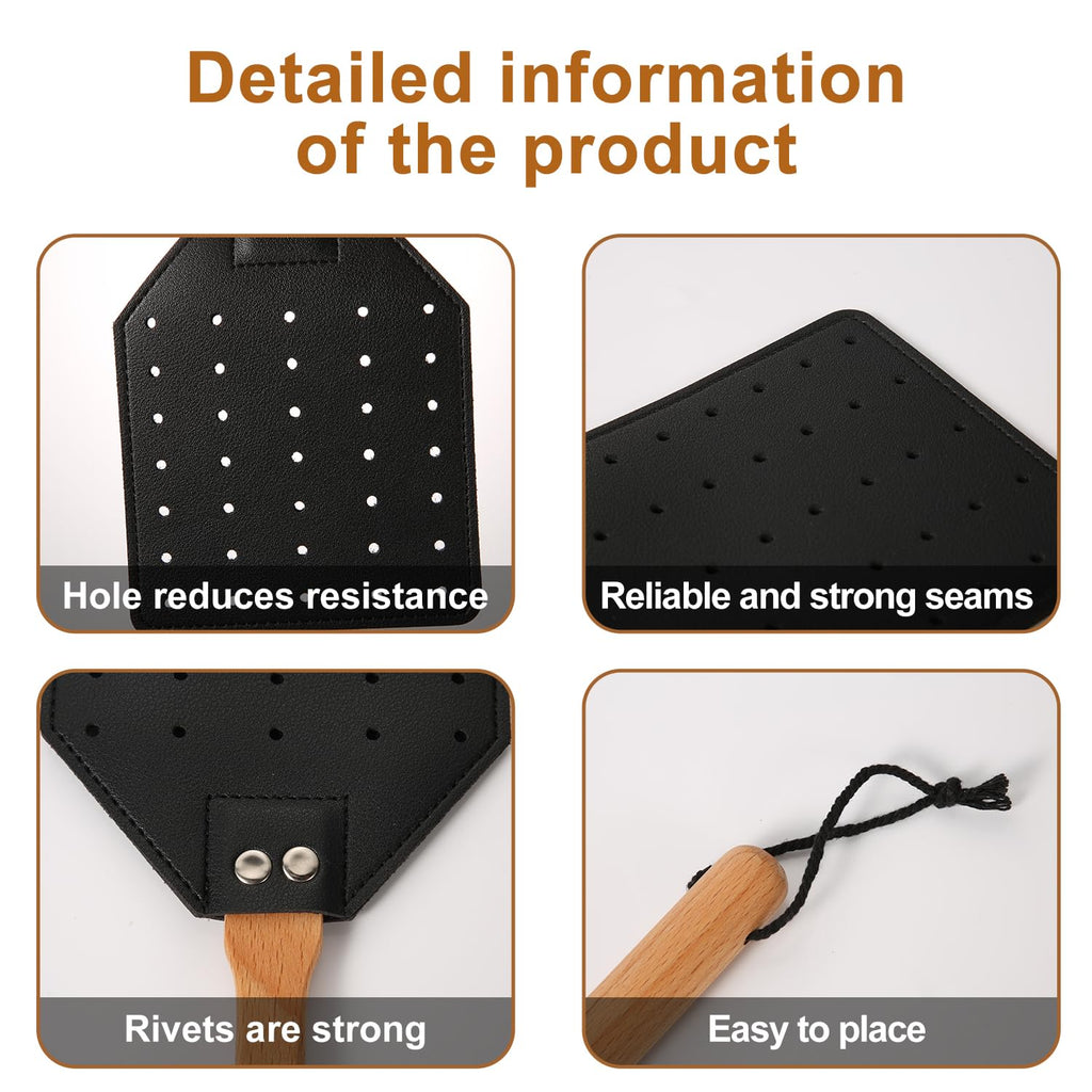 KINBOM 2pcs Leather Fly Swatter, Manual Heavy Duty Flyswatter with Long Wood Handle and Hanging Rope Durable Fly Swatter Catcher Wasp Swatter for Indoor Outdoor Home Fly