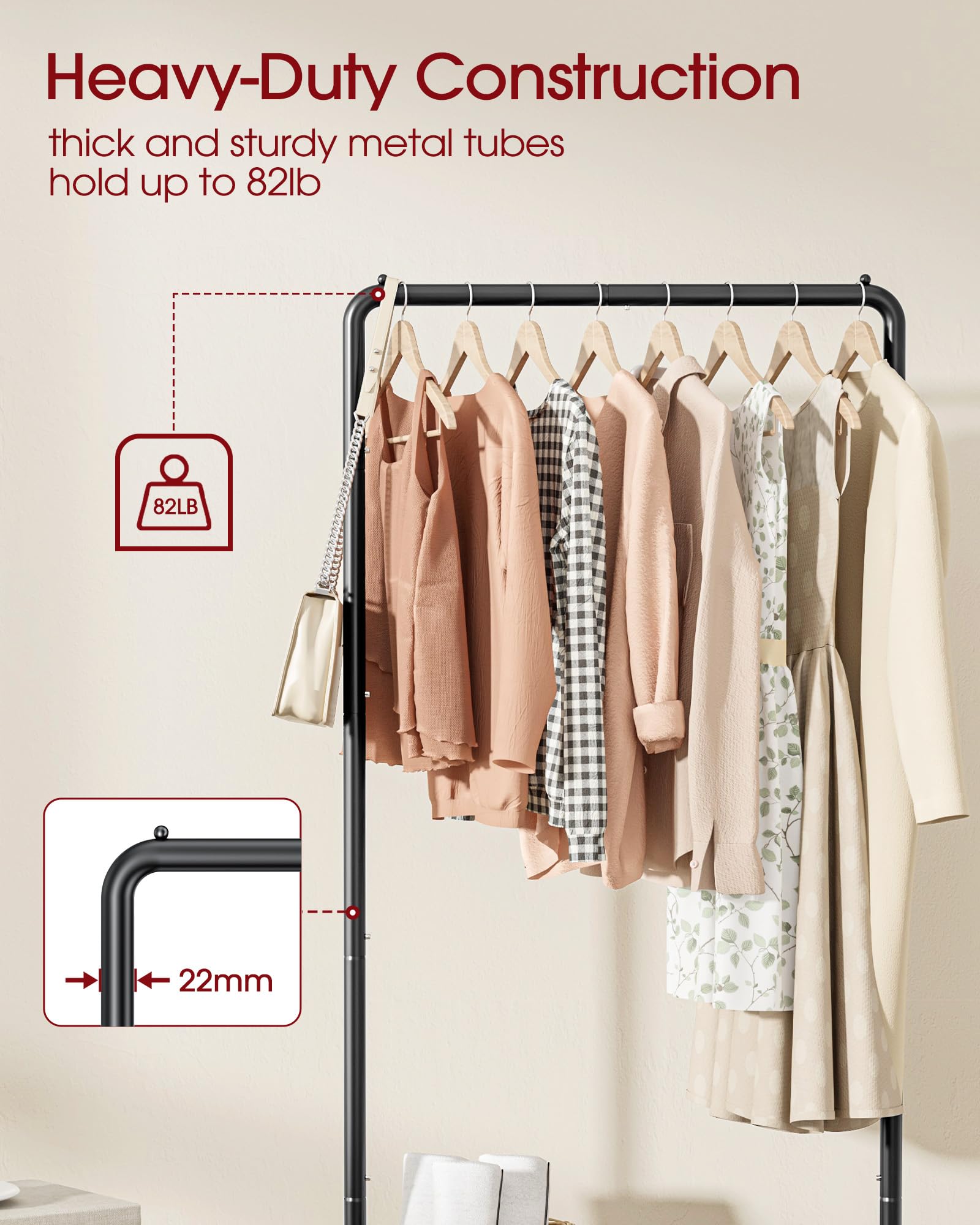 Sakugi Clothing Rack - Movable Multi-Functional Coat Rack with 4 Universal Wheels, Long-Lasting Metal Clothes Rack with Extra Storage Shelf for Bedroom, Office, Laundry(Black, 73W x 43.5D x 150H cm)