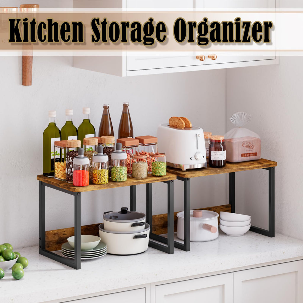 MARTY Kitchen Countertop Organizer Cabinet Shelf, 17.3x12.6 Large Spice Racks Counter Shelf Microwave Oven Rack Desktop Storage Organization for Kitchen, Office, Metal & Wood, Rustic Brown
