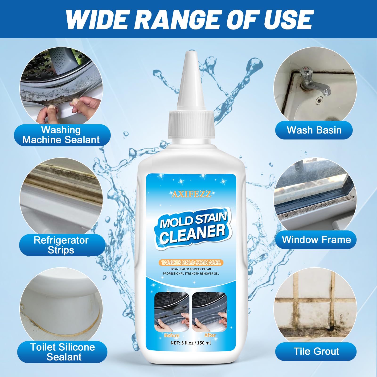 AXIFEZZ Mould Remover Gel, 2 Pack Household Washing Machine Cleaner, Grout Cleaner Gel with Brush and Cloth for Kitchen & Bathroom Cleaning, Shower, Sinks, Tiles, Grout and Refrigerator Strips