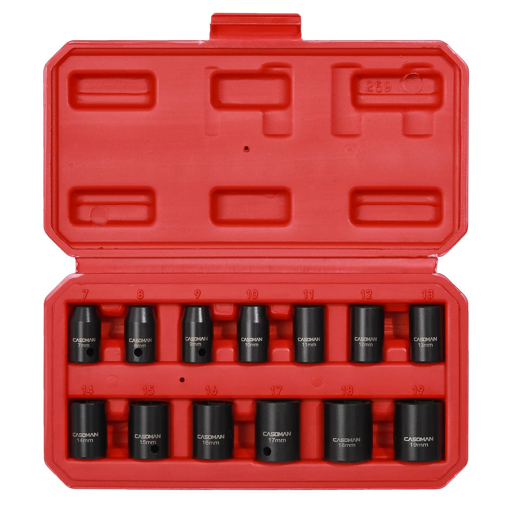 CASOMAN 13 Pieces 3/8-Inch Drive Impact Socket Set, 6-Point, Metric, Shallow, CR-V, 7mm to 19mm, Heavy Duty Blow Molded Storage Case