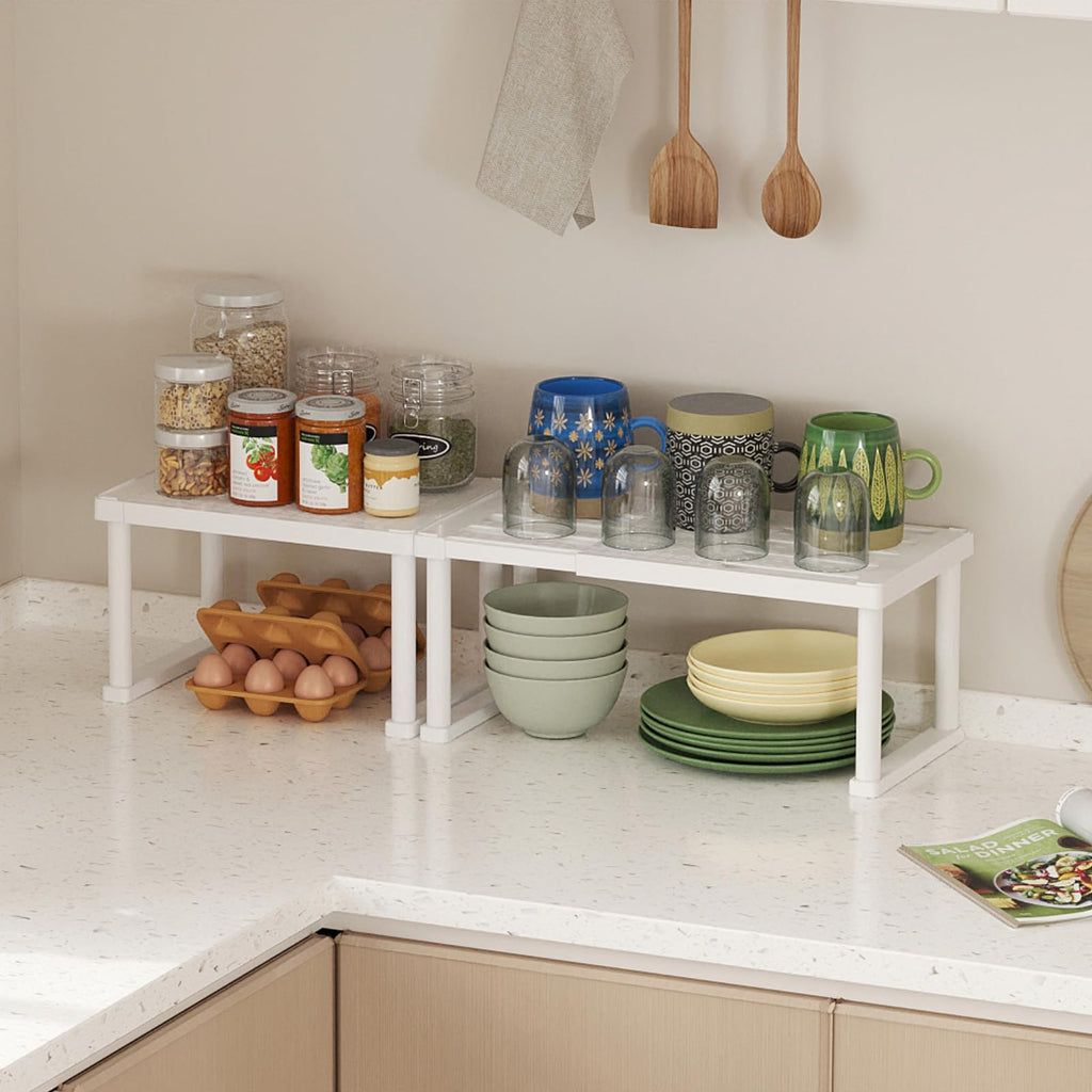 Lifewit Cabinet Shelf Organizer, Expandable From 11.8 to 15.7 inches, Countertop Kitchen Shelves, Plastic Shelf Riser for Pantry Kitchen Storage and Spice Rack, Set of 2, White