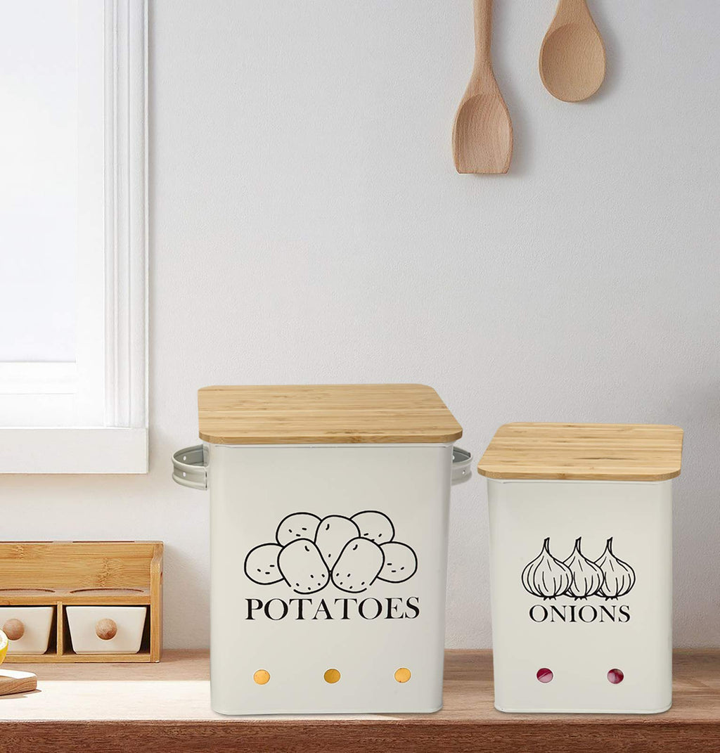 Xbopetda Potato Onion Storage Bin, Kitchen Storage Canister Set of 2, Kitchen Pantry Organizer Tin - Vegetable Fresh Keeper with Aerating Tin Storage Holes & Wooden Lid (White)