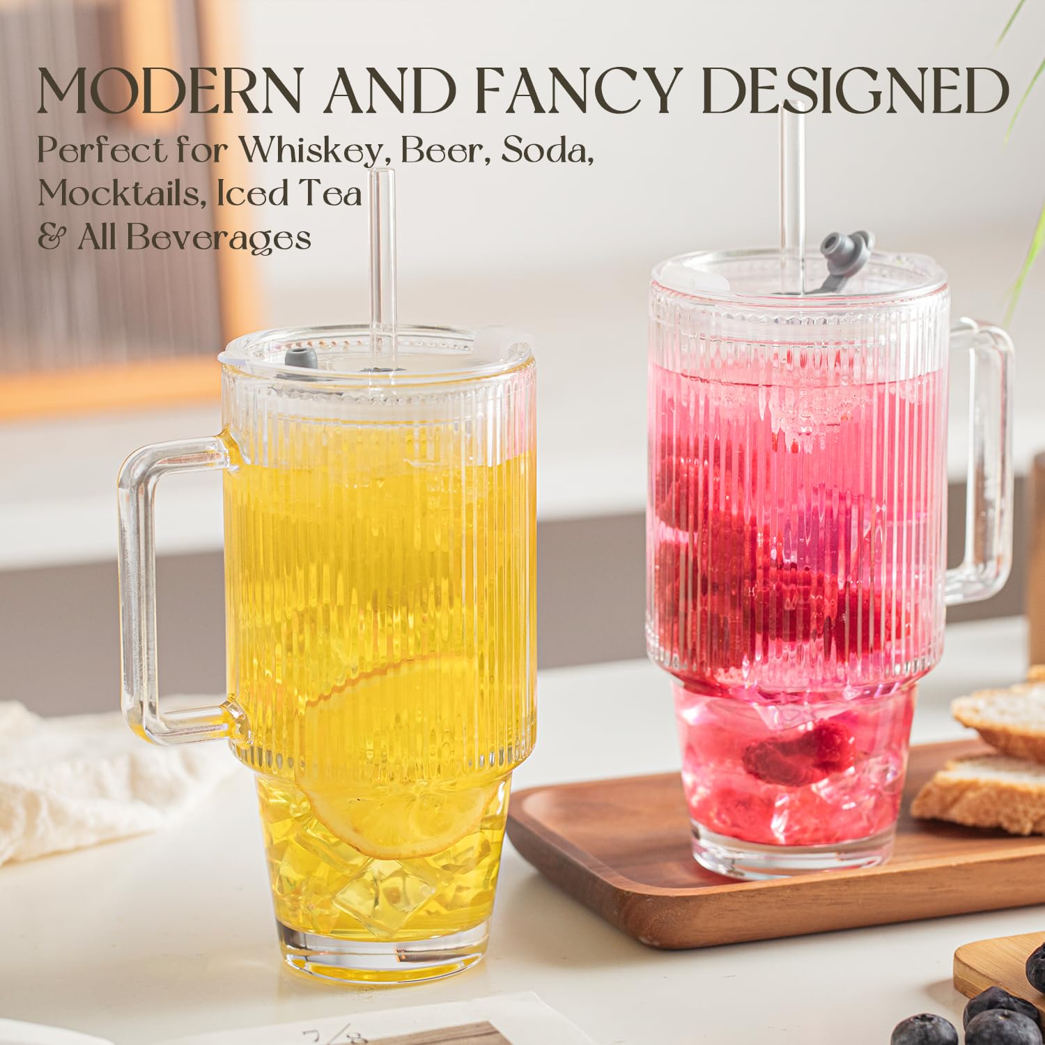 KEMORELA 24oz Ribbed Glass Cups with Lids and Straws,Glass Tumbler with Handle,2 set–Reusable Glass Ice Coffee Cups with Lid and Straw for Smoothies,Tea,Juice,Boba Cup for Cold & Hot Drinks,Travel Cup