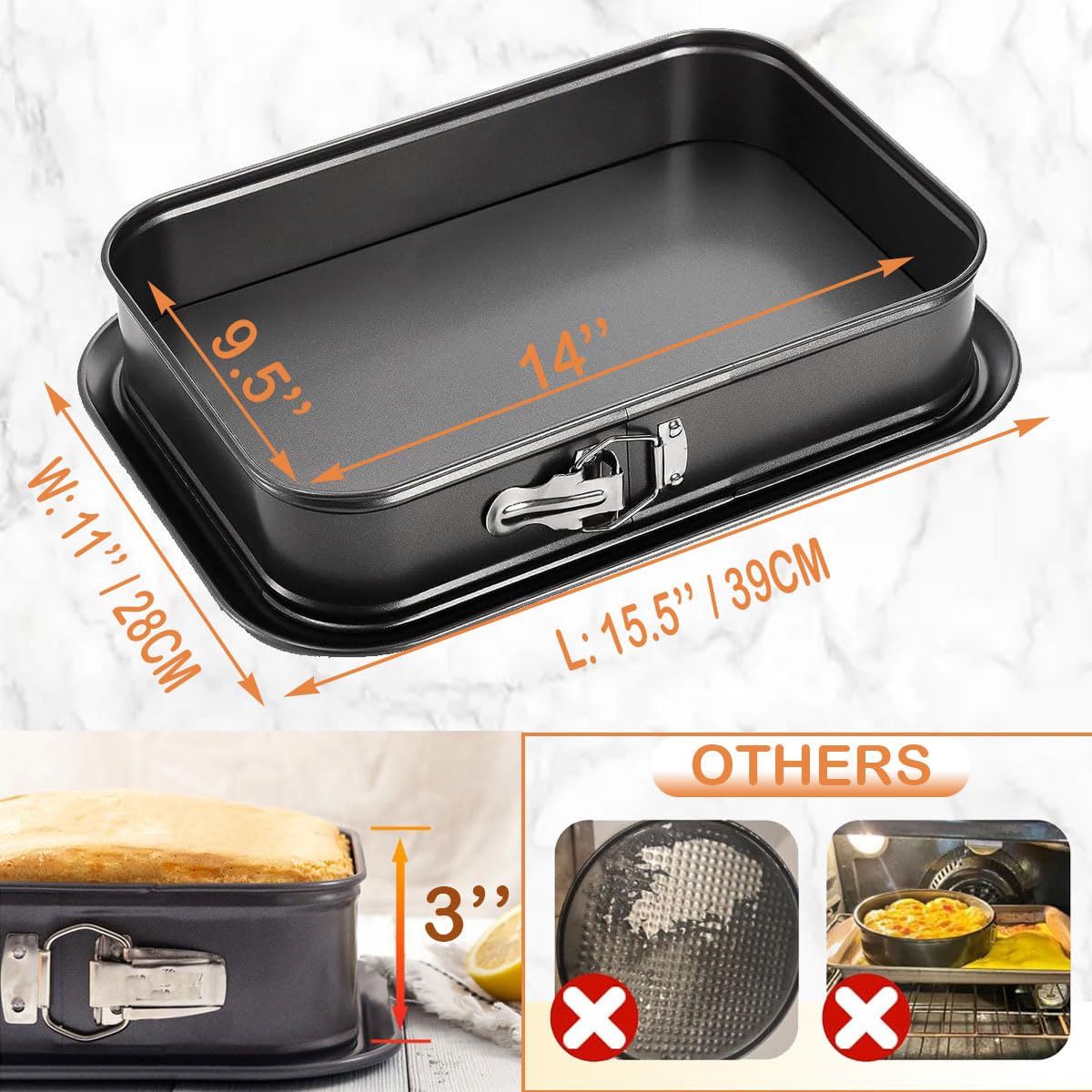 Large Springform Cake Pan Non-Stick, 14 x 9.5 Inch Rectangle Cheesecake Pan, Tiramisu Bakeware with Removable Bottom Baking Pan Mold Leakproof (14 x 9.5 Inch)