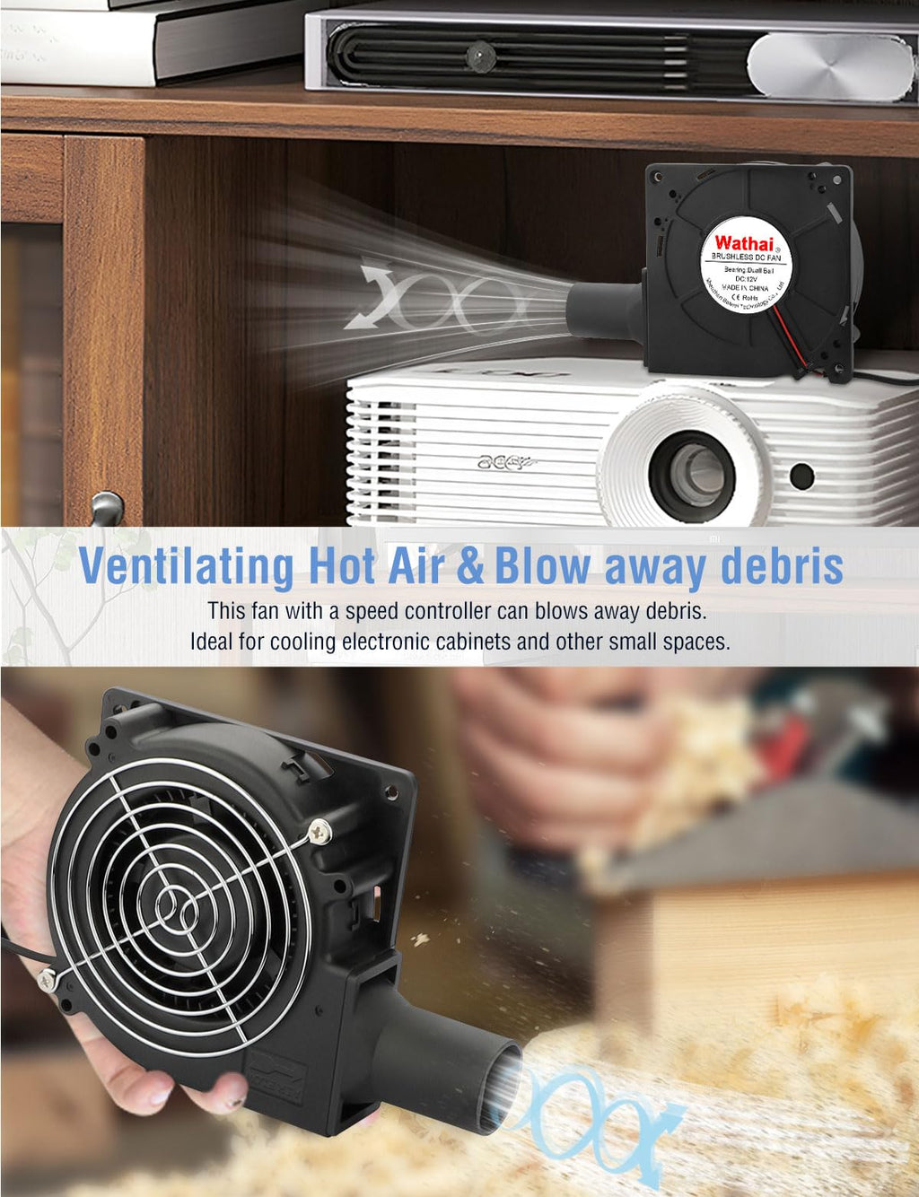 Wathai 120mm x 32mm Dual Ball Blower Fan 12V with 110v - 240v AC Plug Variable Speed Controller - High Velocity Squirrel Cage Fans for DIY Cooling Projects, BBQ, Drum Smoker