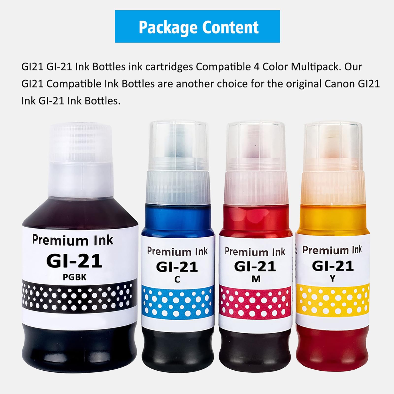 GI-21 GI21 G3270 G3290 Ink Bottles 4 Color Multipack Compatible High Capacity for Canon G3260 G2260 G1220 G1230 G2270 G4270 G4280 Printers 170ml Black Ink Refill 70ml C/M/Y Ink Refill