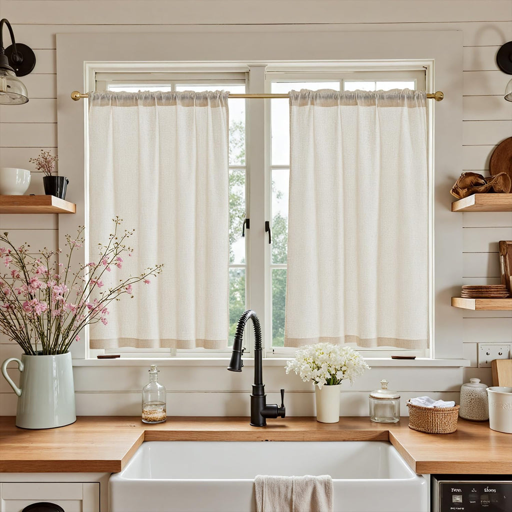 JINCHAN Tier Curtains Linen Textured Small Cafe Curtain Long Curtains for Kitchen Window Treatment Set 36 Inches 2 Panels Crude