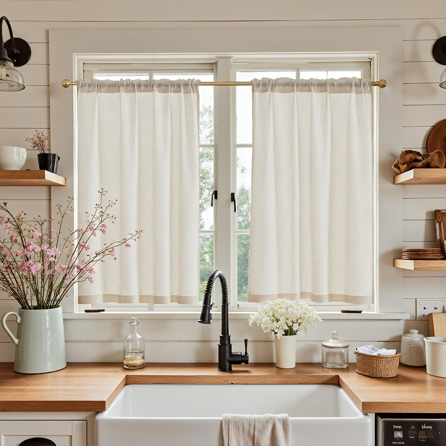 JINCHAN Tier Curtains Linen Textured Small Cafe Curtain Long Curtains for Kitchen Window Treatment Set 36 Inches 2 Panels Crude