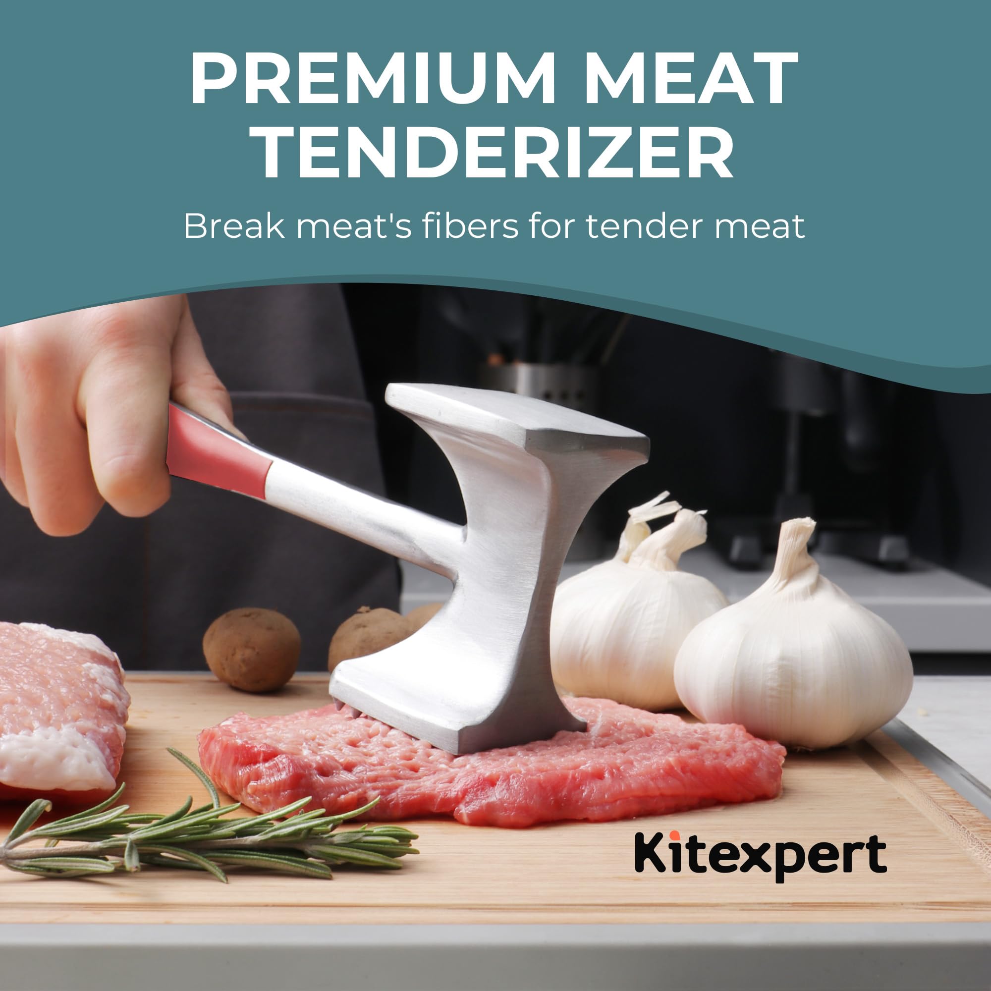 KITEXPERT Meat Tenderizer Hammer with Comfortable-Grip Handle, Dual-Side Mallet for Kitchen, Heavy Duty Pounder for Tenderizing Steak, Beef and Fish, Red