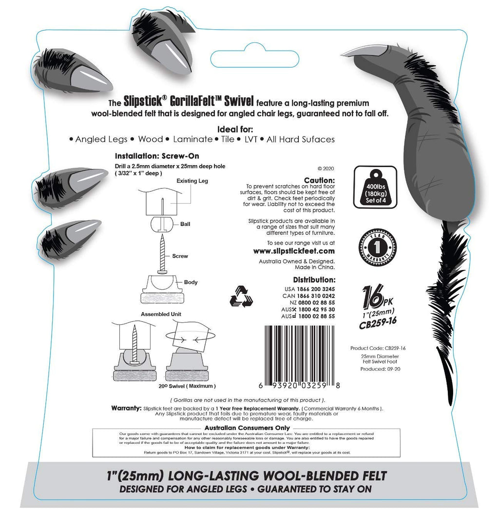 GorillaFelt Swivel Glide Felt Sliders for Chairs (16 Pack) Screw-On Floor Protectors for Angled Furniture Legs, 1 Inch Felt Glides (25mm Round), CB259-16