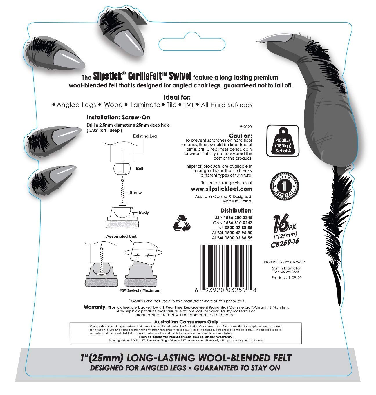 GorillaFelt Swivel Glide Felt Sliders for Chairs (16 Pack) Screw-On Floor Protectors for Angled Furniture Legs, 1 Inch Felt Glides (25mm Round), CB259-16