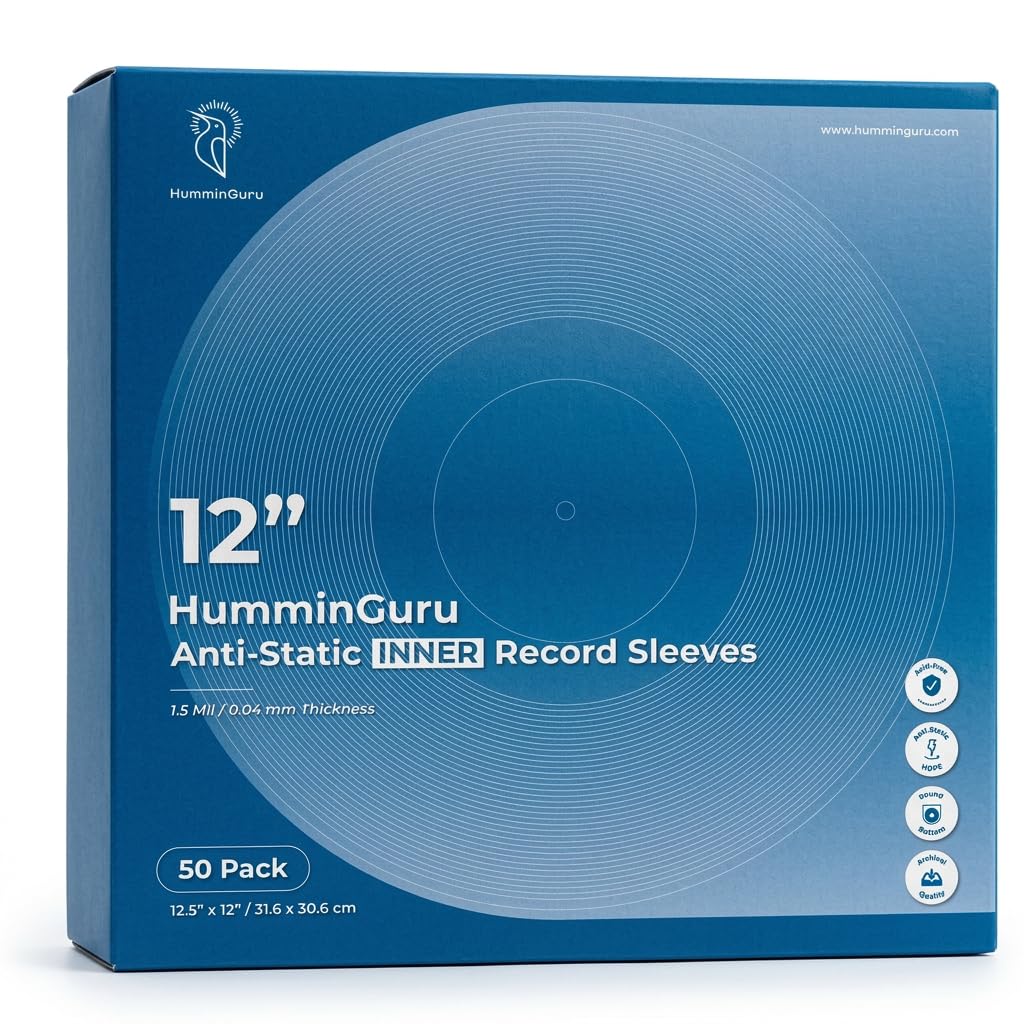 HumminGuru Vinyl Record Inner Sleeve 12 Inch, Acid Free & Anti Static Vinyl Sleeves, 1.5Mil Archival HDPE Inner Record Sleeve, Round Bottom LP Easy Insertion for Album Cover, 50 Pack(12“Inner Sleeves)