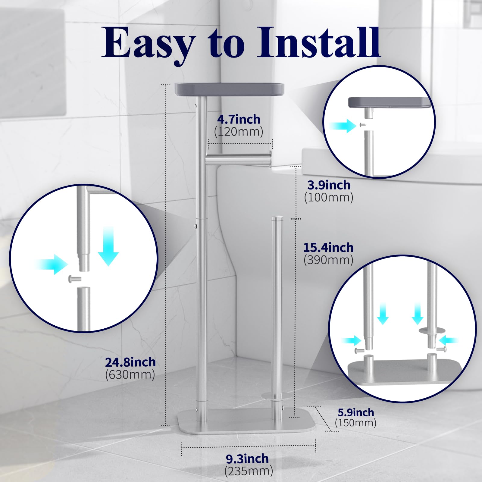 Kitsure Toilet Paper Roll Holder Free Standing – Rustproof Metal Toilet Paper Stand for 4 Rolls with Anti-Slip Base and Shelf for Phone & Small Items, Silver, 63.0 x 23.5 x 15.0 cm