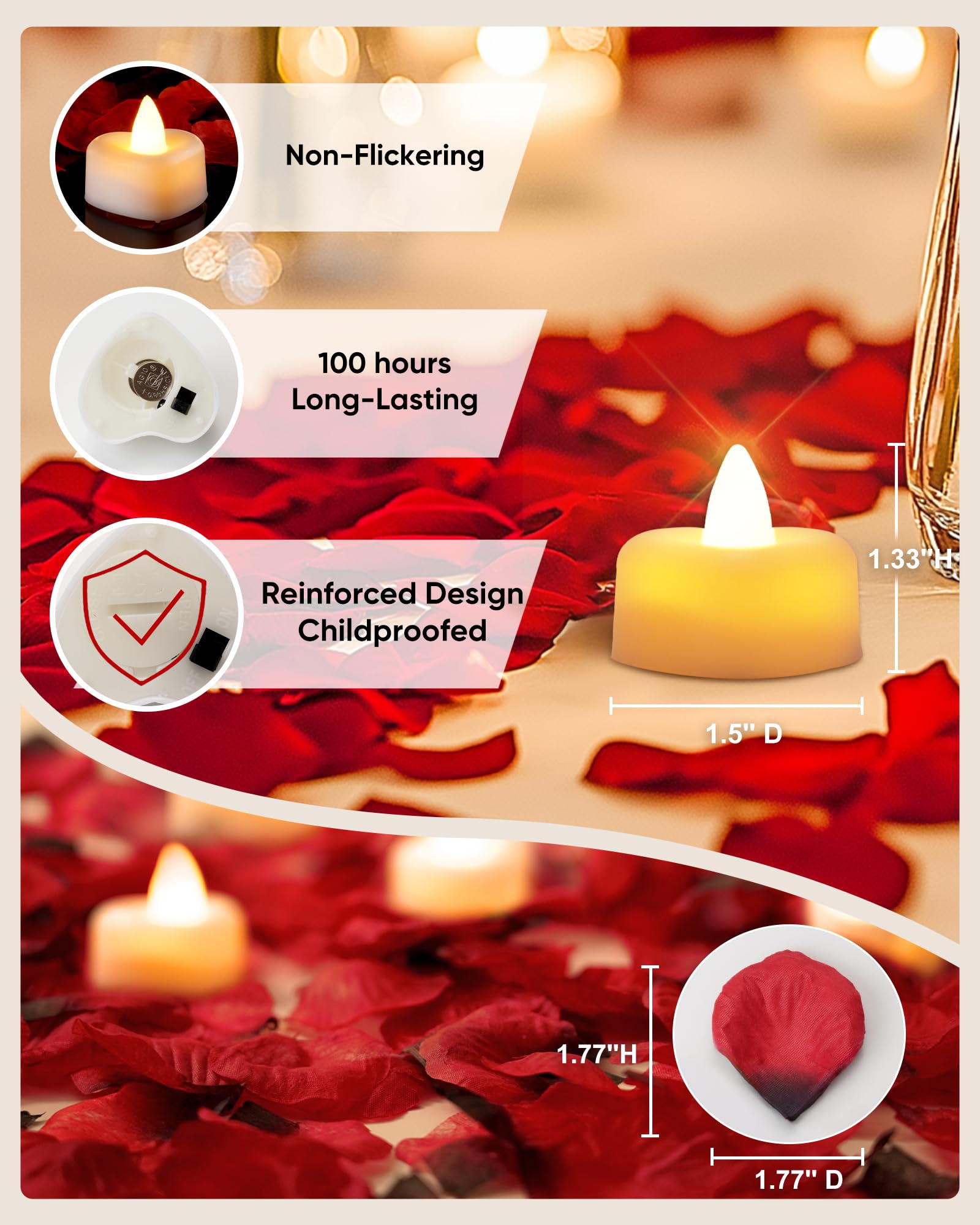 AMAGIC 24 Pack Heart White Tealights with 2000 Pas Red Black Artificial Petals, Battery Candle Flameless Tea Light, for Proposal, Valentine's Day, Wedding, Romantic Night Decor