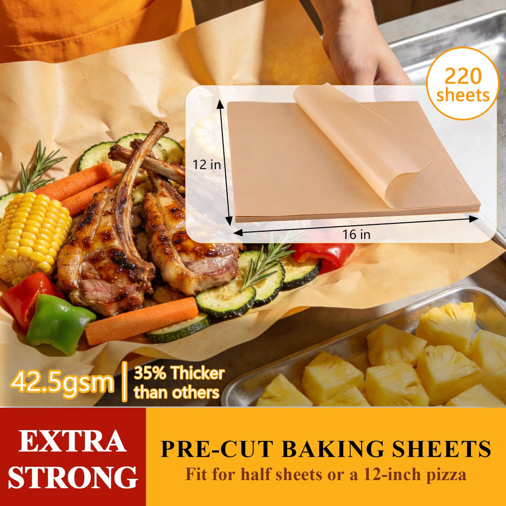 cyrico Parchment Paper Sheets for Baking, 220 Pcs 12x16 Inch Unbleached Baking Paper, Heavy Duty Non-Stick Pre-Cut Sheets for Cooking, Grilling, Steaming, Wrapping Foods, Oven and Air Fryer Use