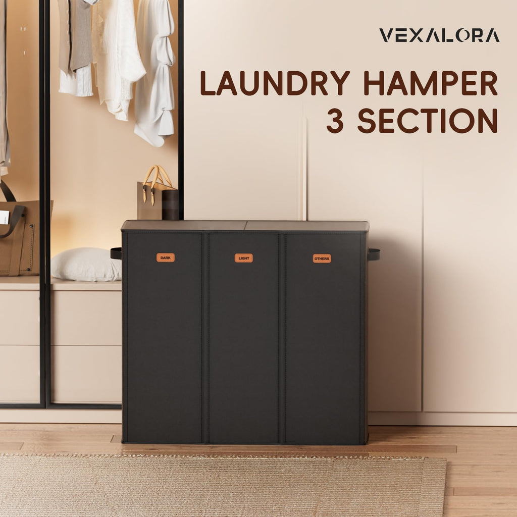 Vexalora 185L Laundry Hamper 3 Section, Laundry Hamper with Lid, Dirty Clothes Hamper with 3 Removable Washing Bags, Extra Large Laundry Basket Organizer for Bedroom, Laundry Room, Dorm - Black