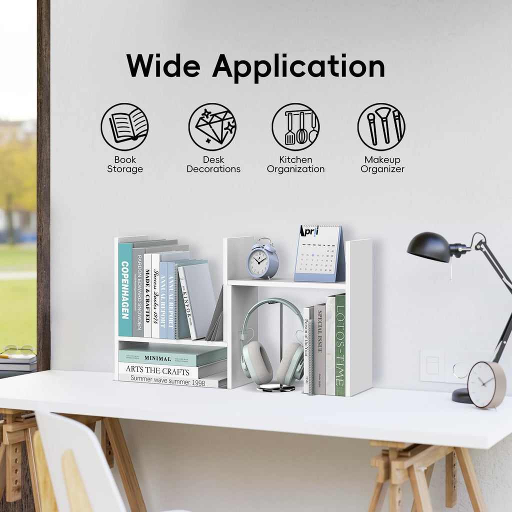 SUPEASY Wood Desk Shelf, Desktop Organizer Adjustable Desk Hutch, 5 Units, Desk Organizers and Accessories, Book Shelf Organizer for Home, Office, 16" L x 15.8" H x 6.8" W, White