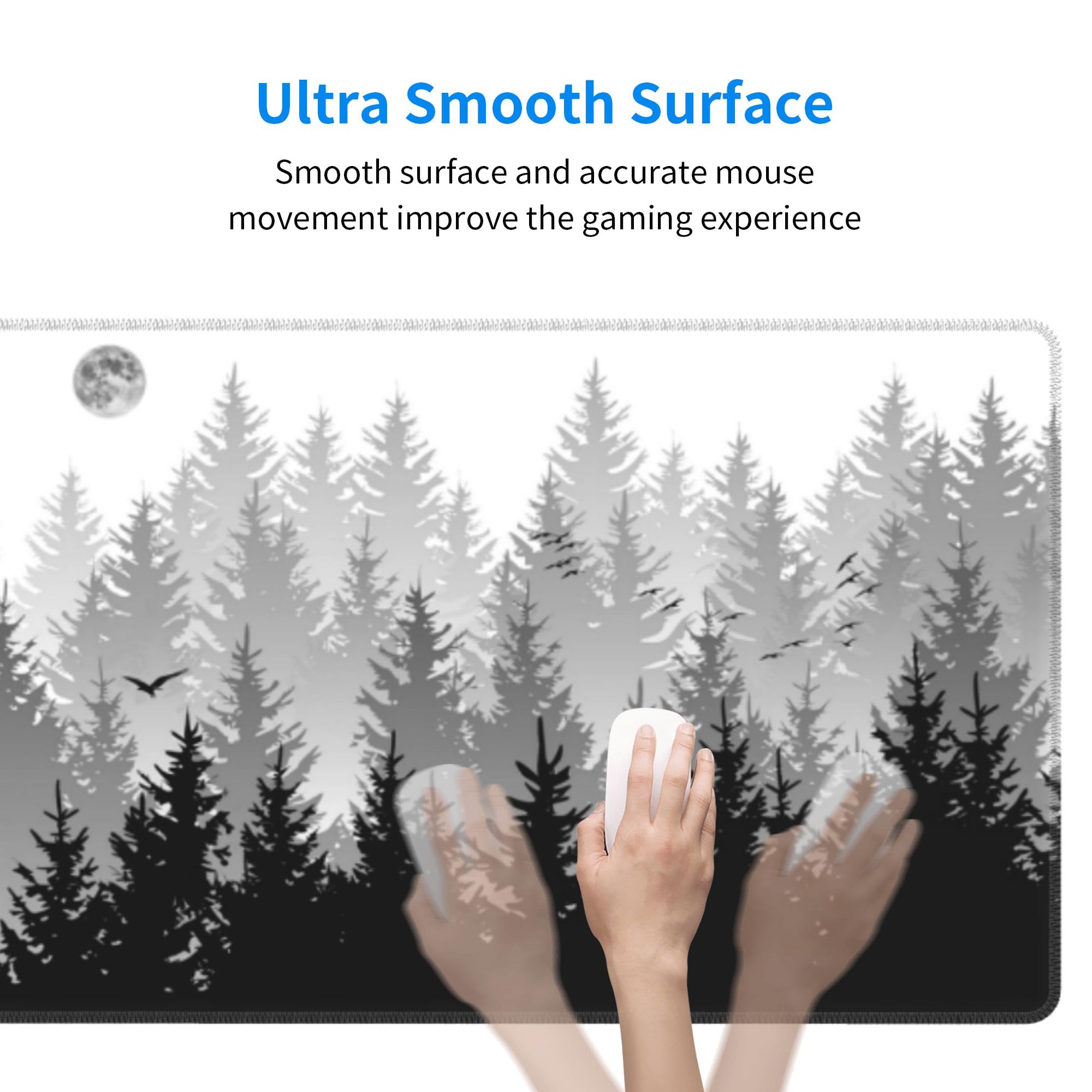 Misty Forest Mouse Pad Large Black Grey White Gaming Mouse Pad XL Extended Long Keyboard and Mouse Desk Mat Big Desk Pad Non-Slip Rubber Base with Stitched Edges Mouse Mat for Gaming and Office