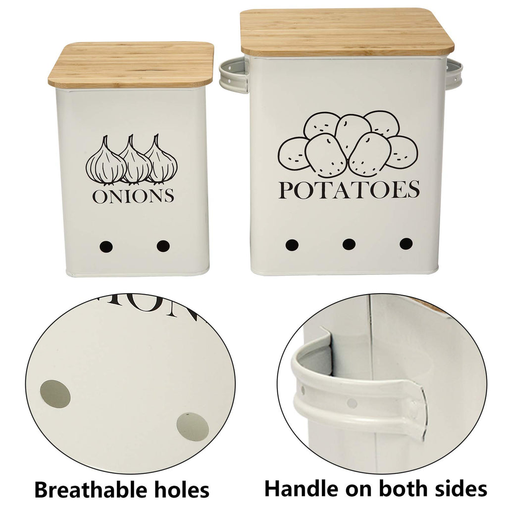 Xbopetda Potato Onion Storage Bin, Kitchen Storage Canister Set of 2, Kitchen Pantry Organizer Tin - Vegetable Fresh Keeper with Aerating Tin Storage Holes & Wooden Lid (White)