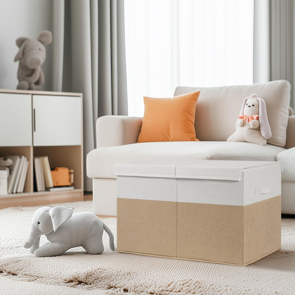 INDRESSME 25"x13"x16" Large Storage Box, Collapsible Bins with Lids, Chest for Living Room, Storage Baskets for Blankets, Books, Clothes (Beige & White)