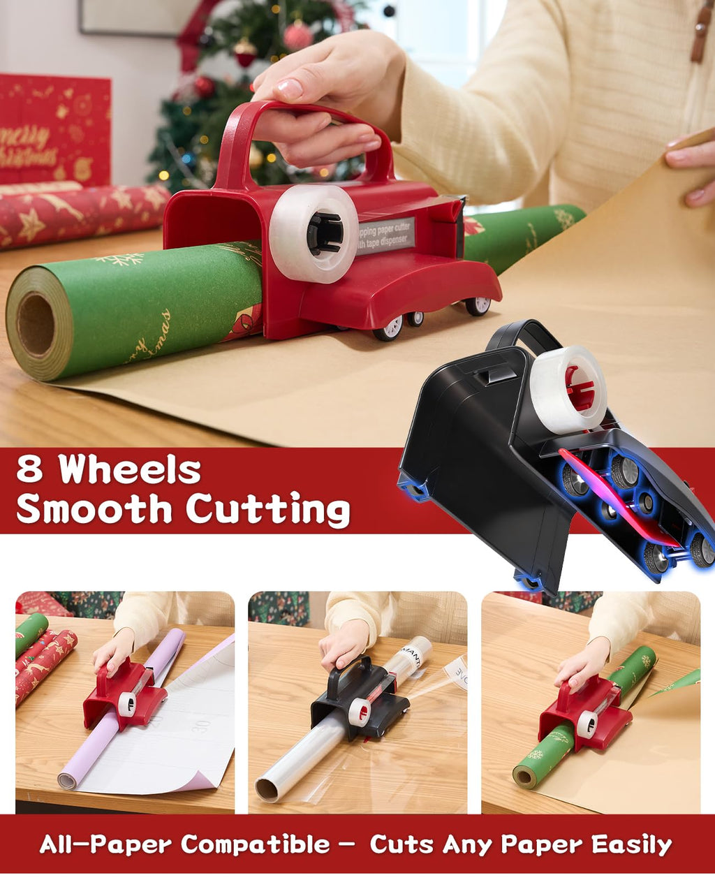 Upgrade 2 Pack Wrapping Paper Cutter with Tape Dispenser, Gift Wrap Cutter Tool with Wheels, 2 Replace Blades & 4 Tapes Kit for Christmas Paper Rolls Wrapping, Safe & Efficient for Precise Cutting