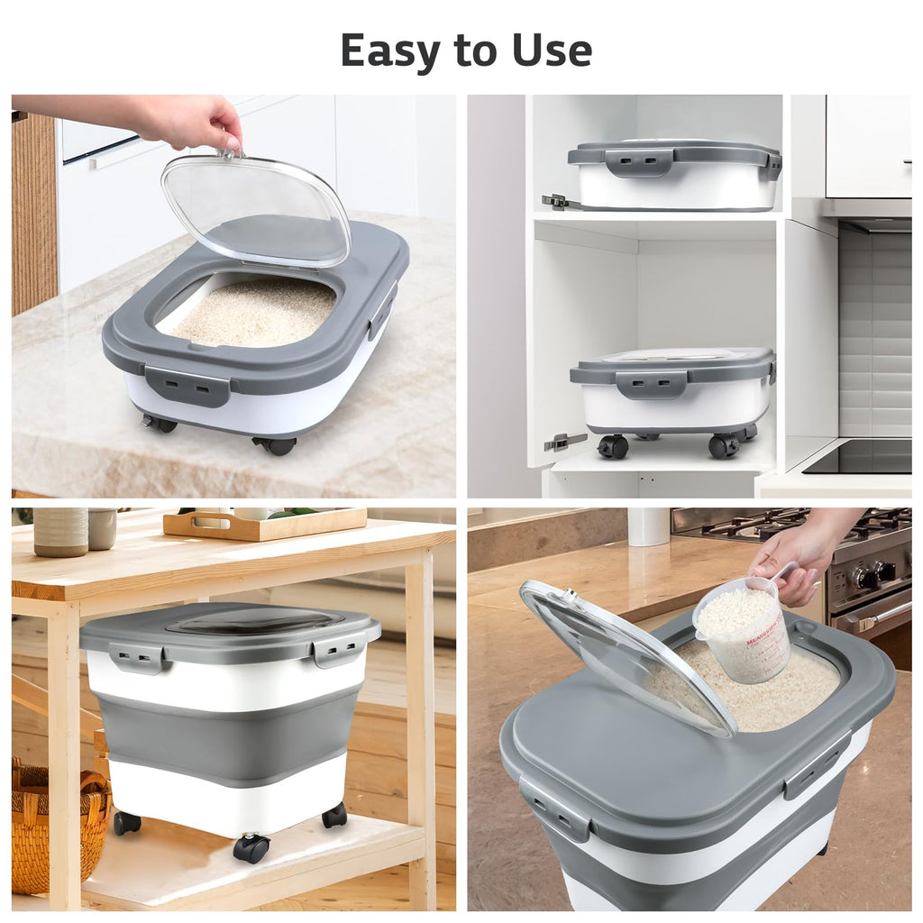 Komzon Rice Storage Containers, Collapsible 10 to 30Lbs Food Storage Bin Dispenser with Rolling Wheel and Clear Airtight Lid, BPA Free Flour, Sugar, Cereal and Dog Cat Pet food Containers