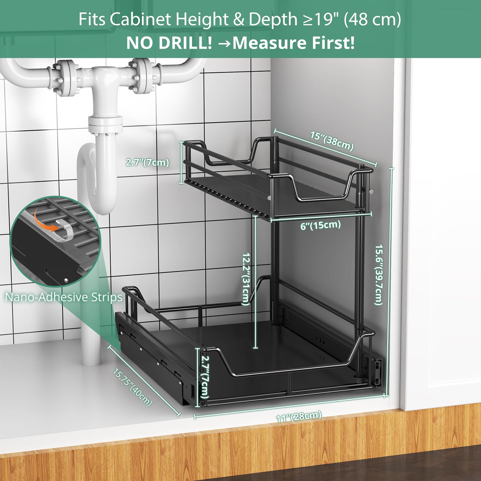 Under Sink Organizer 1-Pack, 27kg Load Smooth Glide Pull Out Drawer & 2-Tier Slide Out Shelf - Under Cabinet Storage for Kitchen & Bathroom, Rust-Resistant Steel, Fits Height≥48cm Depth≥46cm