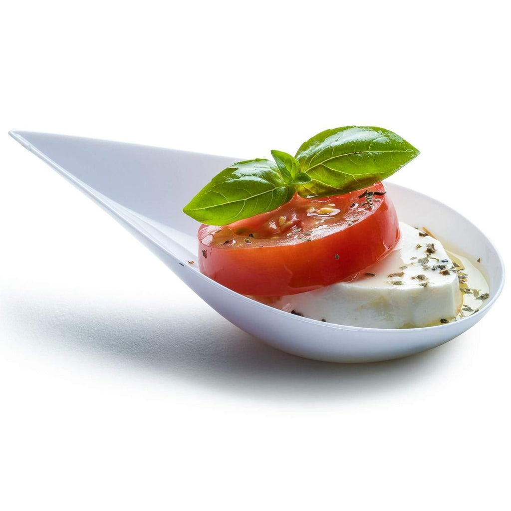 DLux 100 4-in Tear Drop Mini Appetizer Plates, Reusable White Plastic Spoons - Desserts and Appetizers Dishes Serving Plate - Asian Spoon Set, Small Catering Dessert Tasting Cups - with Recipe Ebook