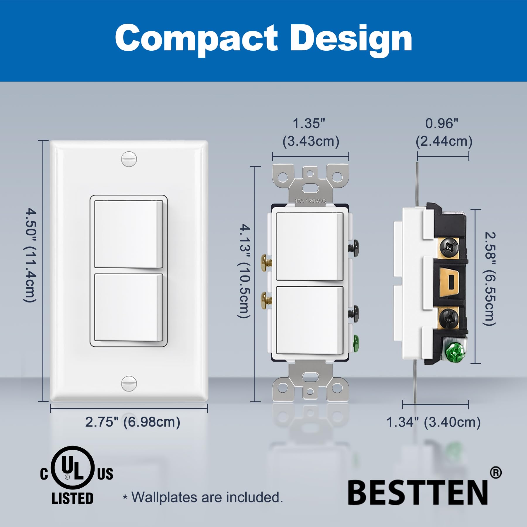 [2 Pack] BESTTEN Double Light Switch, Single Pole Combination Interrupter, 15A 120V, Dual Control Paddle Rocker, Residential & Commercial Use, cUL Listed, White