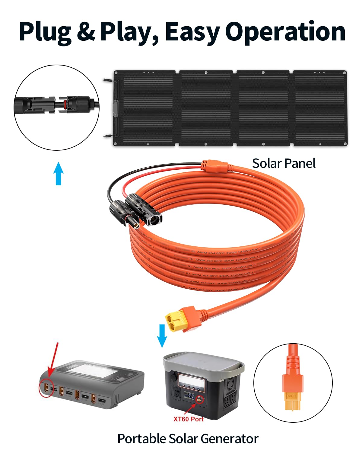 Tonton M-C-4 Solar Connector to XT60 Adapter Connector Cable, 12AWG Solar Panel Adapter for EF ECOFLOW River & Delta Series Portable Power Station, Solar Generator, RV Foldable Solar Panel (3M/10FT)