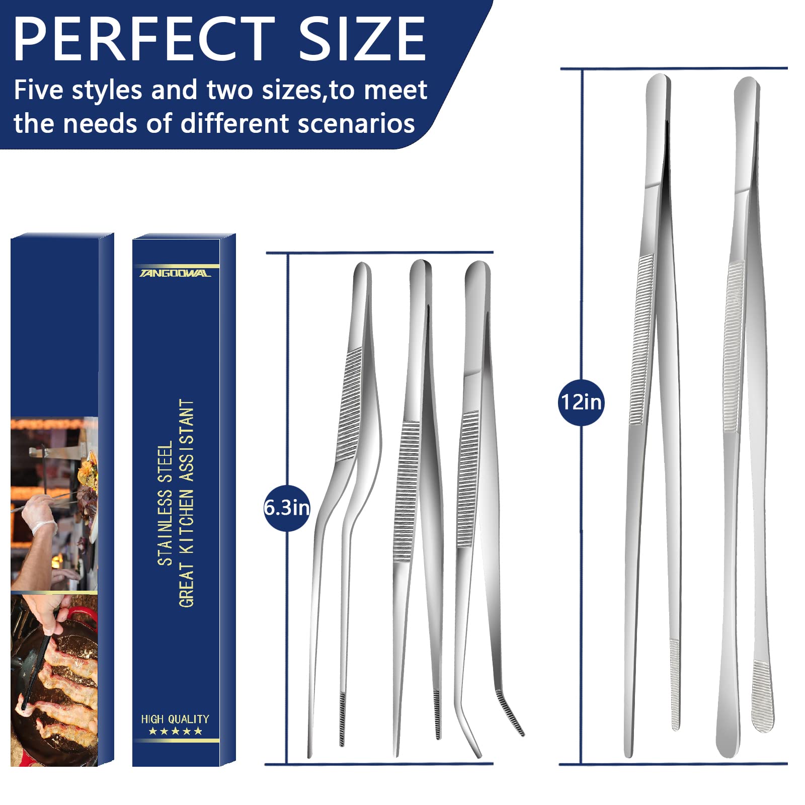 5 Pcs Cooking Fine Tweezers Tongs, Stainless Steel Food Tweezers Set, Professional Kitchen Long Tweezer for Cooking,Repairing,Sea Food,BBQ,Multi-use(12"and 6.3")