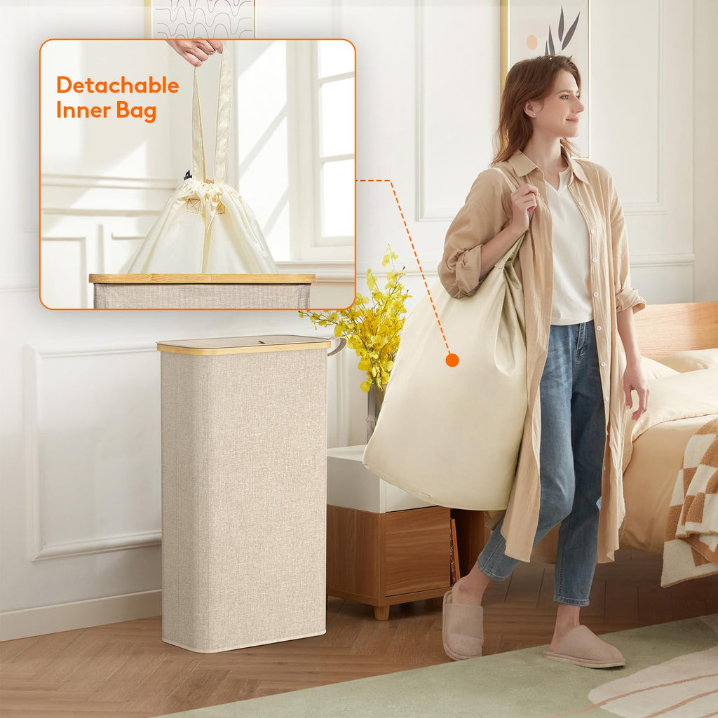Lifewit 65L Slim Laundry Basket, Laundry Hamper with Lid, Narrow Laundry Bin with Removable Bag & Bamboo Handles, Foldable Thin Dirty Clothes Hamper for Laundry Centres Bathroom Bedroom Dorm, Beige