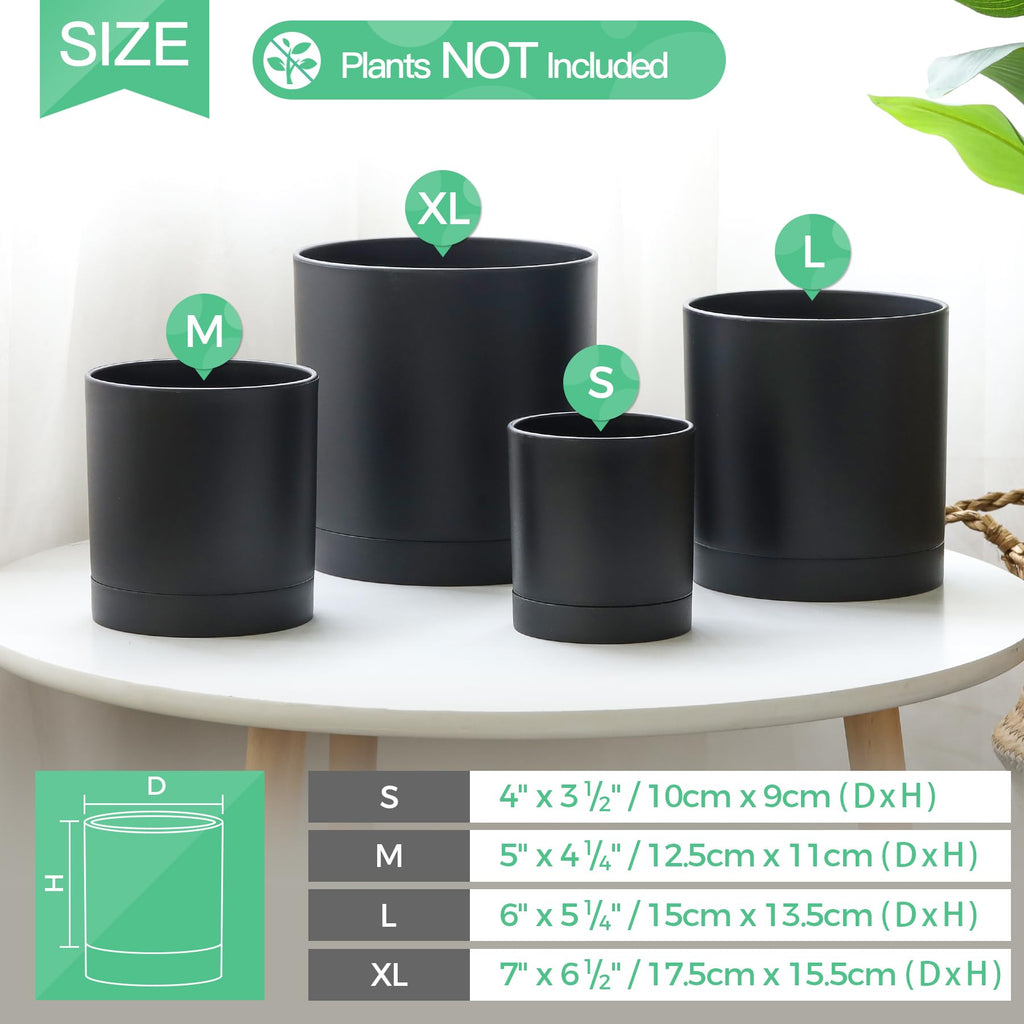T4U 7/6/5/4 Inch Plastic Plant Pots with Saucer 4-Pack, Flower Planter Pot with Drainage Hole Black, Nursery Planting Pot for Snake Plant, African Violet and House Plants