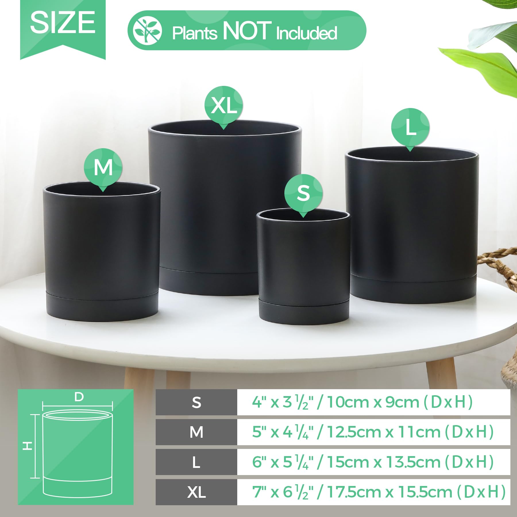 T4U 7/6/5/4 Inch Plastic Plant Pots with Saucer 4-Pack, Flower Planter Pot with Drainage Hole Black, Nursery Planting Pot for Snake Plant, African Violet and House Plants