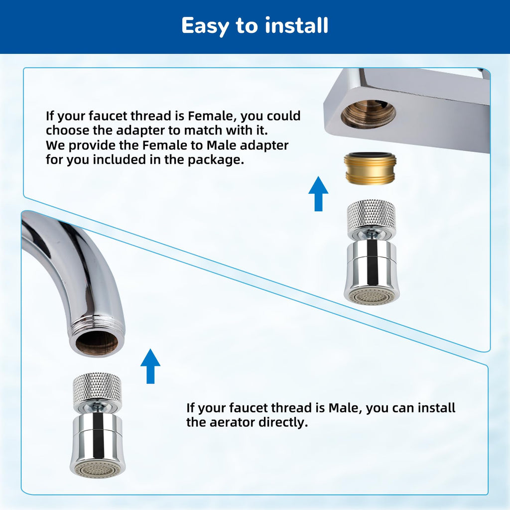 Hibbent 360° Swivel Kitchen Faucet Aerator - Solid Brass Dual Spray Mode, Bubble/Strong Spray with 1.8 GPM Flow Rate, Universal Fit for Standard 15/16" Female Thread & 55/64" Male Thread, Chrome