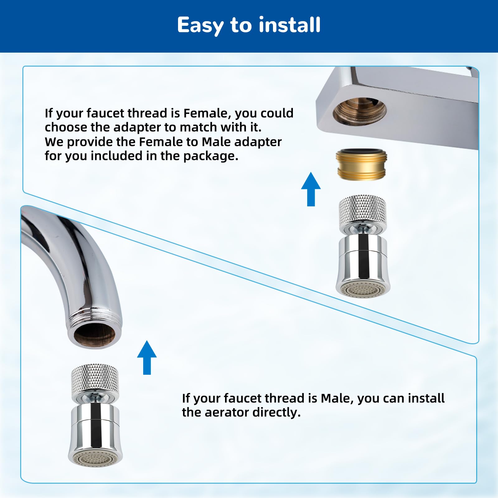 Hibbent 360° Swivel Kitchen Faucet Aerator - Solid Brass Dual Spray Mode, Bubble/Strong Spray with 1.8 GPM Flow Rate, Universal Fit for Standard 15/16" Female Thread & 55/64" Male Thread, Chrome