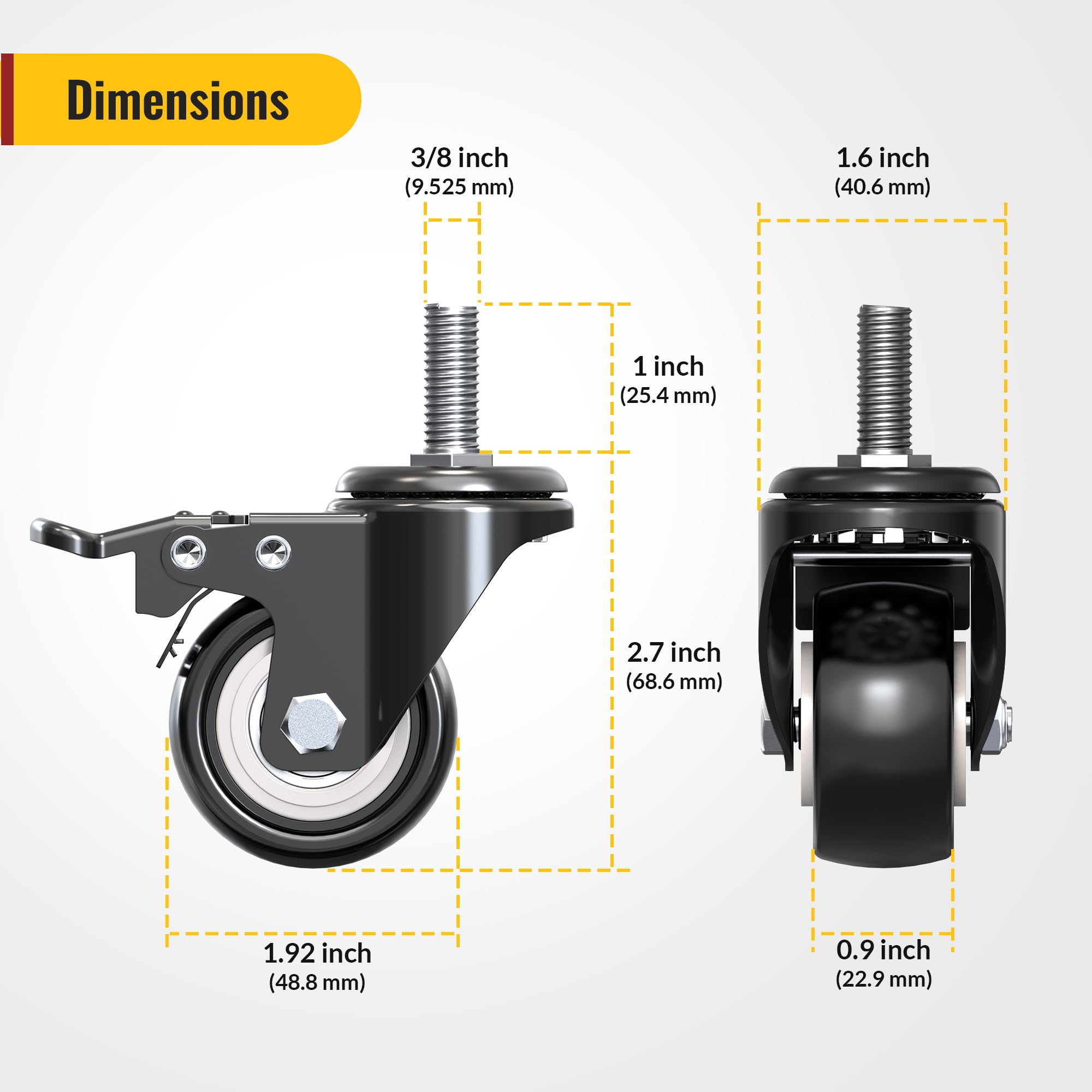 HOLKIE Caster Wheels 2 inch Total Locking Stem Casters, 3/8" -16 x 1 (Stem Diameter 3/8", Stem Length 1") Threaded Stem Casters Swivel Casters Set of 4 Heavy Duty Castors Black