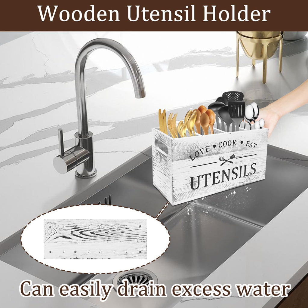Wooden Kitchen Utensil Holder with 4 Compartments, Wooden Utensil Organizer with Drainage Bottom, Cooking Storage Utensils Caddy for Farmhouse Countertop Decor, 11.8 x 4.5 x 5.9 Inch (Burlywood)
