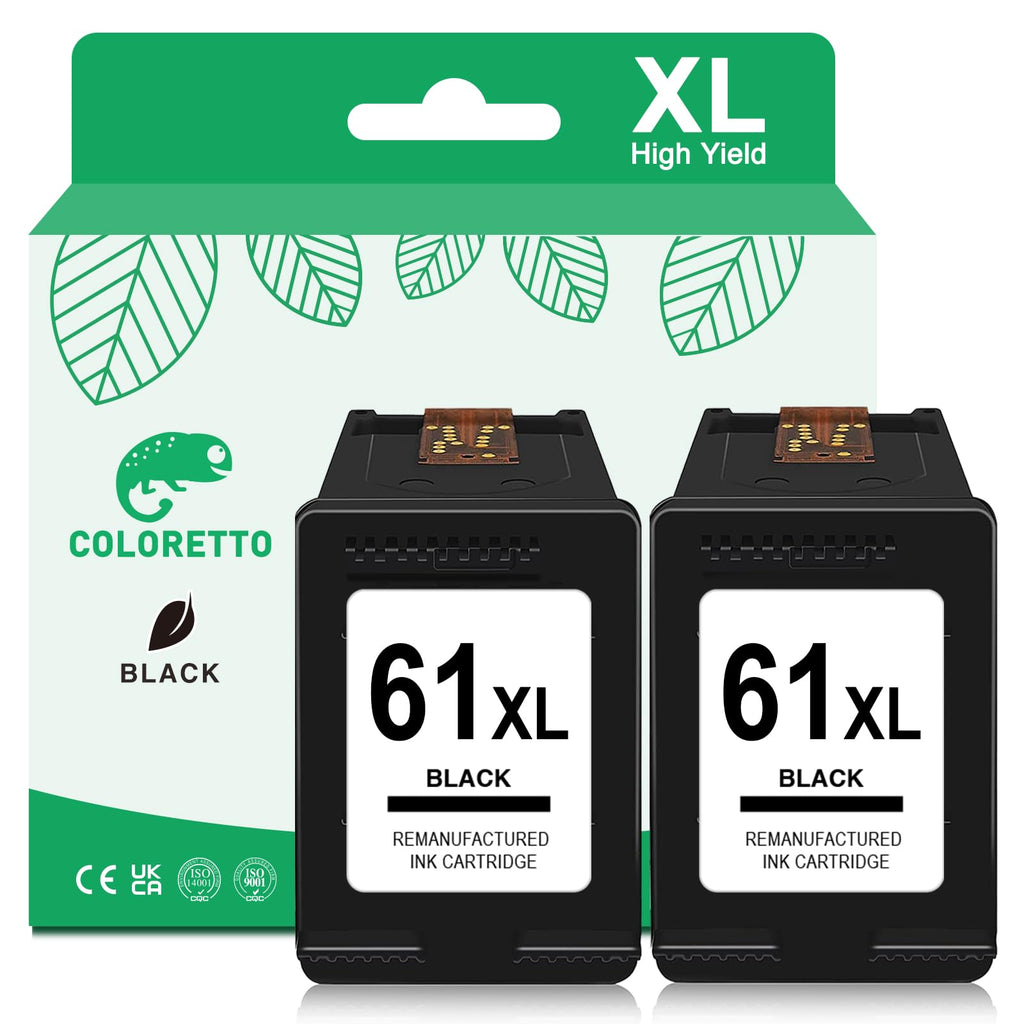 COLORETTO 61XL Black Ink Cartridges for HP Envy 4500 Ink Envy 5530 5531 4501 4502 Officejet 4630 4632 2620 2621 Deskjet 1000 1010 2512 2540 2542 Printer Remanufactured hp 61 XL hp61 xl61 Noir 2-Pack