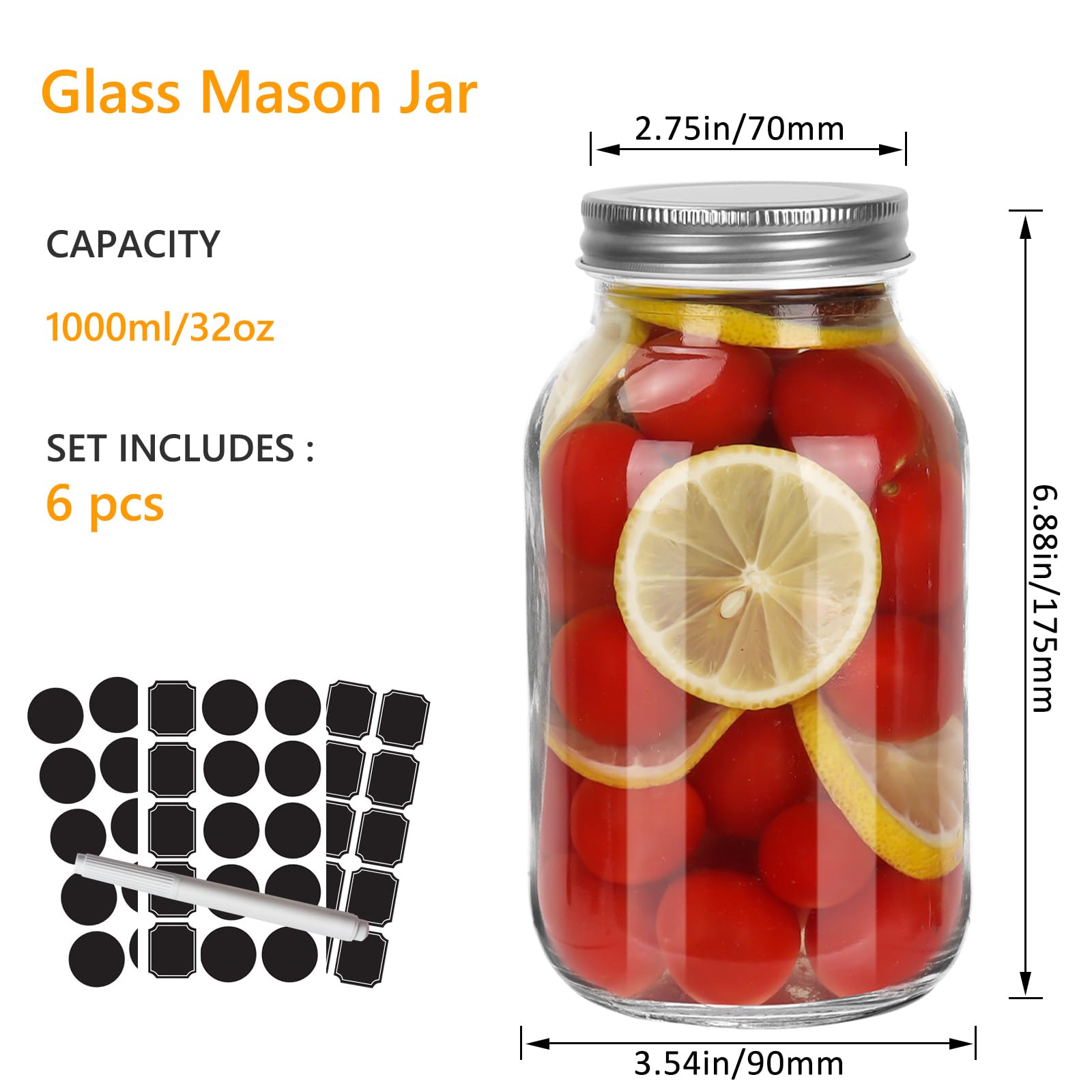 32 oz Mason Jars with Airtight Screw Lids, 6 Pack Glass Canning Jars,1000ml Food Storage Jars for Jams,Overnight Oats,Salad,Drink Favors,DIY Crafts