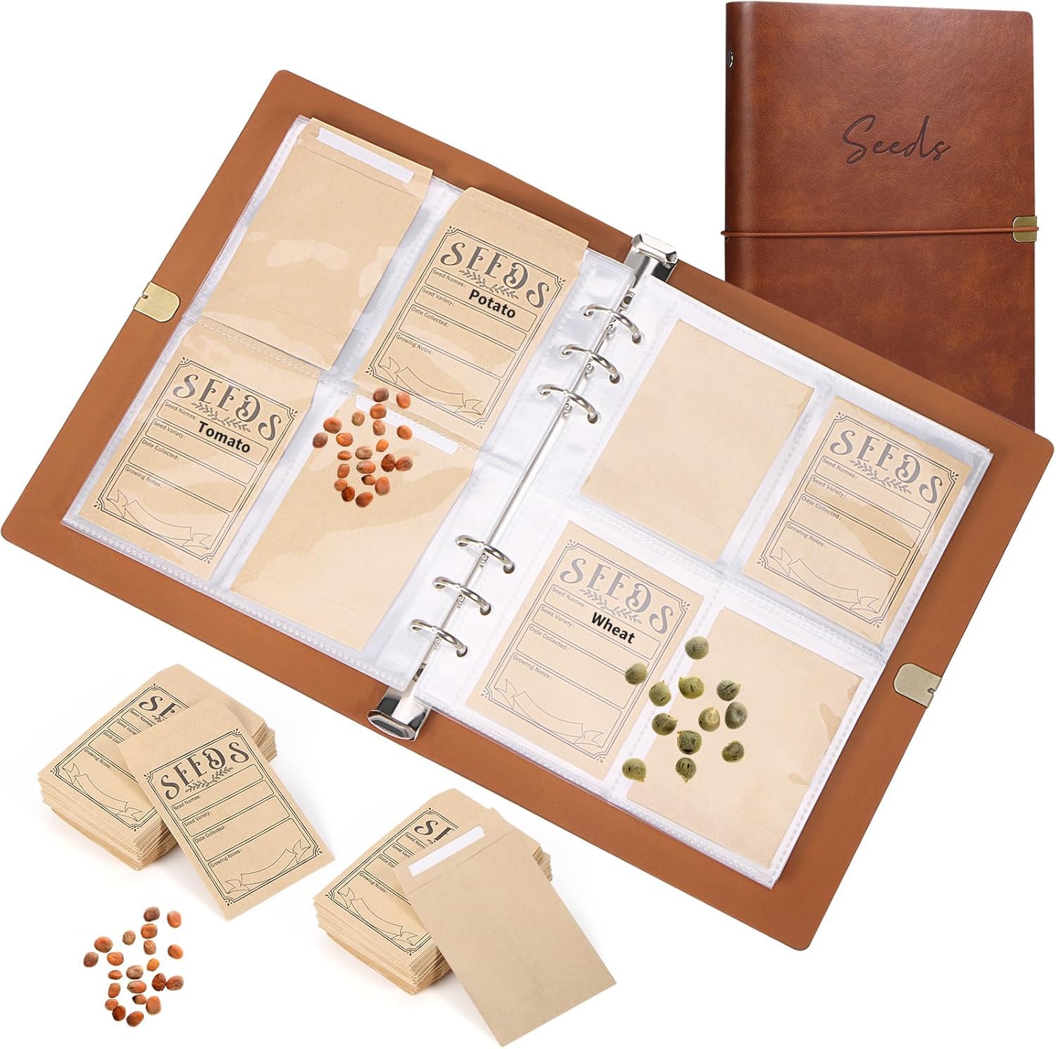 150Pcs Seed Packets Envelopes, Seed Storage Organizer Binder with Resealable Self Sealing Seed Saving Envelopes Garden Seed Storage Envelope for Vegetable (Brown)
