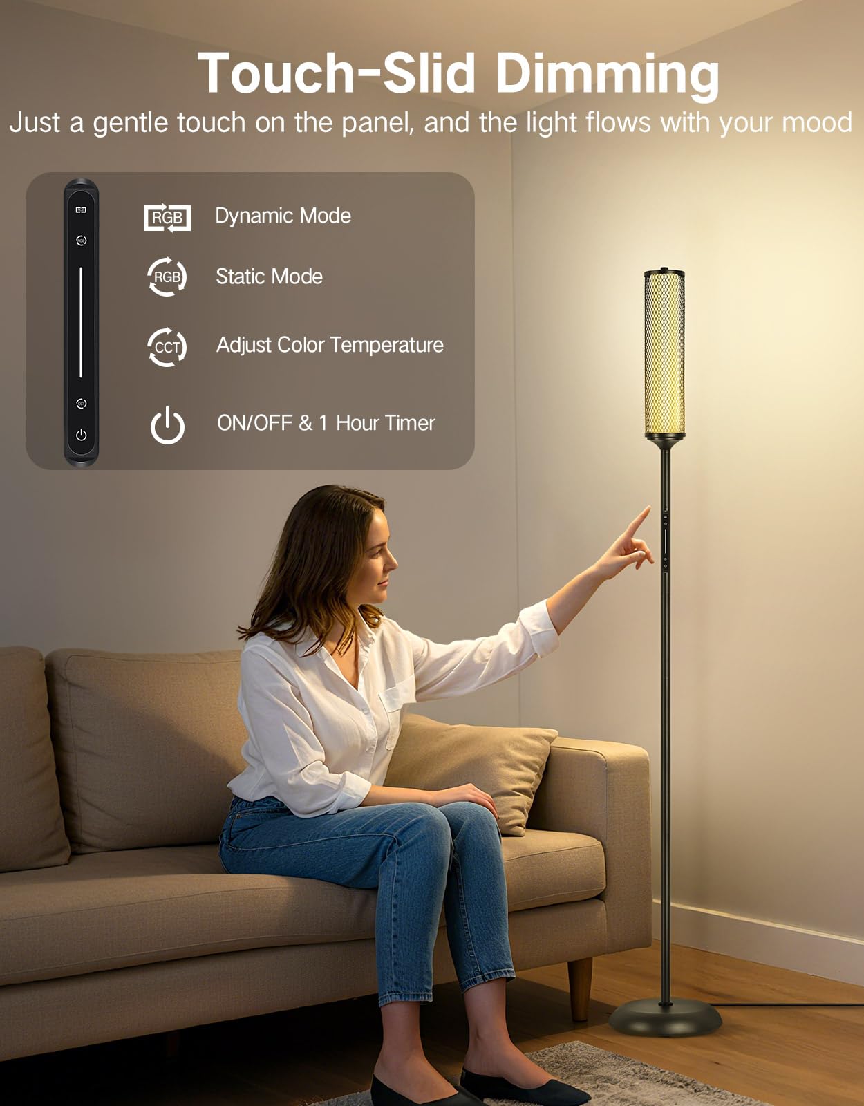 OUTON Bright Smart Floor Lamp with Remote, App & Touch Control, RGB Color Changing Standing Lamp, 2200K-6500K Dimmable, 3 Adjustable Heights, 32 Scenes for Living Room Bedroom Office,Black & Metal