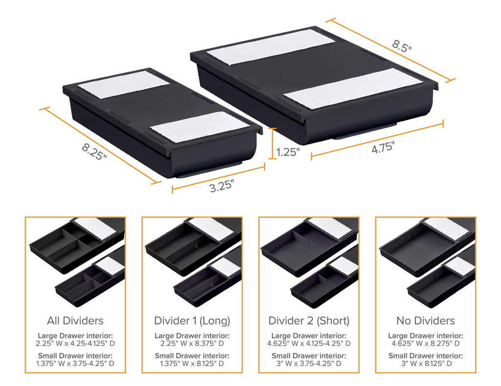 Bostitch Konnect Under Desk Drawer, Self-Adhesive Slide Out Storage Organizer with 4 Customizable Dividers, 2-Pack