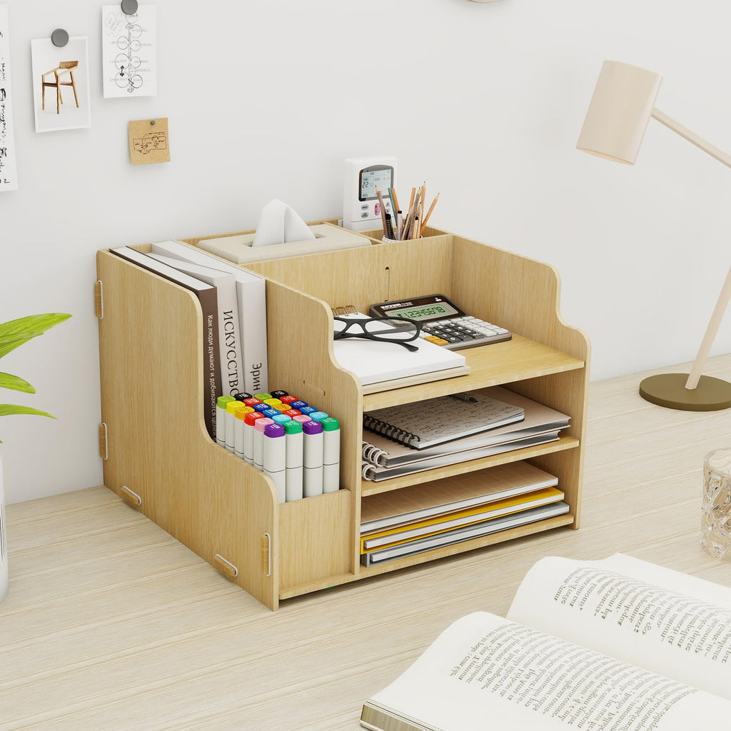 PUNCIA 3-Tier Desktop File Organizer Multifunctional File Rack with Horizontal File Sorter A4 Letter Paper Tray Organizers & 2 Pen Holders Mail Document Magazine File Holder for Desk Office Supplies